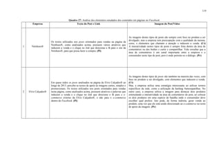 119
Quadro 27: Análise dos elementos estudados dos conteúdos em páginas no Facebook
Empresa Texto do Post e Link Imagem do Post/Video
1 Netshoes®
Os textos utilizados nos posts orientados para vendas na página da
Nesthoes®, como analisados acima, possuem vários atrativos que
induzem a venda e o clique no link que direciona o fã para o site da
Netshoes®, para que possa fazer a compra. (Pi)
As imagens destes tipos de posts são sempre com foco no produto a ser
divulgado, mas a empresa tem preocupação com a qualidade da mesma,
cores, e elementos que chamam a atenção e induzem a venda. (Ct)
A interatividade nestes tipos de posts é sempre feita dentro da área de
comentários ou dos botões e curtir e compartilhar. Vale ressaltar que a
área de comentários é um canal importante entre a empresa e o
consumidor neste tipo de post, pois é onde permite-se o diálogo. (Pr)
2 Elvis Calçados®
Em quase todos os posts analisados na página da Elvis Calçados® ao
longo de 2013, percebe-se textos de apoio às imagens curtos, simples e
promocionais. Os textos utilizados nos posts orientados para vendas
nesta página, como analisados acima, possuem atrativos e palavras que
induzem a venda e o clique no link que direciona o fã para o e-
commerce externo da Elvis Calçados®, e não para o e-commerce
dentro do Facebook. (Pi)
As imagens destes tipos de posts são também na maioria das vezes, com
foco no produto a ser divulgado, com elementos que induzem a venda.
(Ct)
Mas, a empresa utiliza uma estratégia interessante ao utilizar termos
específicos da rede, como a utilização da hashtag #amosapatilhas. No
outro caso, a empresa utiliza a imagem para destacar dois produtos
estimulando a interatividade na área de comentários do post, ao colocar
os dois produtos em uma espécie de batalha onde o consumidor deve
escolher qual prefere. Isto pode, de forma indireta, gerar venda ao
produto, uma vez que ele está sendo direcionado ao e-commerce no texto
de apoio da imagem. (Pr)
 