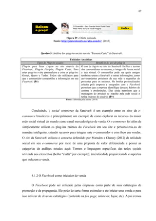67
Figura 29 - Oferta indicada.
Fonte: http://presentecerto.saraiva.com.br/. (2013)
Quadro 5: Análise dos plug-ins sociais no site “Presente Certo” da Saraiva®.
Unidades Analíticas
Tipos de Plug-ins usados Benefício do uso do plug-in
Plug-in para fazer Log-in no site através do
Facebook; Plug-in Facipile; Plug-in Curtir. Fora
estes plug-ins o site personalizou e criou os plug-ins:
Gostei, Quero e Tenho. Todos são utilizados para
que o consumidor compartilhe a informação em seu
Facebook. (Pr)
O uso de log-in no site da Saraiva® facilita o acesso
dos consumidores ao mesmo, e integra de forma social
a loja virtual. O consumidor pode ver quais amigos
também curtem a Saraiva® e outras informações, como
aniversariantes próximos de sua rede e sugestões de
presentes para os mesmos. Os botões personalizados
criados pela empresa e integrados com o Facebook
permitem que a empresa identifique desejos, hábitos de
compra e preferências. Eles ainda permitem que a
mensagem do produto se espalhe pela rede social e
tenha endosso do usuário. (Pr)
Fonte: Elaborada pela autora. (2014)
Concluindo, o social commerce da Saraiva® é um exemplo entre os sites de e-
commerce brasileiros e principalmente um exemplo de como explorar os recursos da maior
rede social virtual do mundo como canal mercadológico de venda. O e-commerce foi além de
simplesmente utilizar os plug-ins prontos do Facebook em seu site e personalizou-os de
maneira inteligente, criando recursos para integrar este e-consumidor e com foco em vendas.
O site da Saraiva® utilizou o conceito defendido por Marsden e Chaney (2012) de utilidade
social em seu e-commerce por meio de uma proposta de valor diferenciada e possui as
categorias de análises estudas aqui: Termos e linguagem específicas das redes sociais
utilizada nos elementos (botão “curtir” por exemplo); interatividade proporcionada e aspectos
que induzem a venda.
4.1.2 O Facebook como iniciador de venda
O Facebook pode ser utilizado pelas empresas como parte de suas estratégias de
promoção e de propaganda. Ele pode de certa forma estimular e até iniciar uma venda e para
isso utilizar de diversas estratégias (conteúdo na fan page; anúncios; lojas; etc). Aqui iremos
 