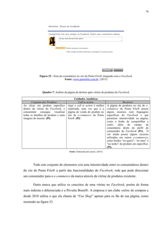70
Figura 32 - Área de comentários no site do Ponto Frio® integrada com o Facebook
Fonte: www.pontofrio.com.br. (2013)
Quadro 7: Análise da página de destino após vitrine de produtos do Facebook
Unidades Analíticas
Conjunto dos Produtos Call to action Recursos
Ao clicar em produto específico
dentro da vitrine do Facebook, o
consumidor consegue visualizar
todas os detalhes do produto e mais
imagens do mesmo. (Pi)
Aqui o call to action é melhor
explorado, uma vez que é a
página de venda do produto no
site de e-commerce do Ponto
Frio®. (Pi)
A página de produtos no site de e-
commerce do Ponto Frio® possui
alguns recursos com linguagens
específicas do Facebook e que
permitem interatividade na página,
como o botão de compartilhar e
curtir, além do campo de
comentários direto do perfil do
consumidor do Facebook (Pr). O
site ainda possui alguns recursos
utilizados em outros e-commerces,
como botões “eu quero”, “eu amo” e
“eu tenho” do produto em específico.
(Pi).
Fonte: Elaborada pela autora. (2014)
Todo este conjunto de elementos cria uma interatividade entre os consumidores dentro
do site do Ponto Frio® a partir das funcionalidades do Facebook, rede que pode direcionar
um consumidor para o e-commerce da marca através da vitrine de produtos existente.
Outra marca que utiliza os conceitos de uma vitrine no Facebook, porém de forma
mais indireta e diferenciada é a Privalia Brasil®. A empresa é um clube online de compras e
desde 2010 utiliza o que ela chama de “Fan Shop” apenas para os fãs de sua página, como
mostrado na figura 33.
 