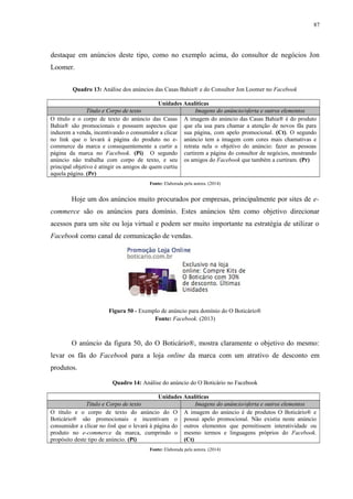 87
destaque em anúncios deste tipo, como no exemplo acima, do consultor de negócios Jon
Loomer.
Quadro 13: Análise dos anúncios das Casas Bahia® e do Consultor Jon Loomer no Facebook
Unidades Analíticas
Título e Corpo de texto Imagens do anúncio/oferta e outros elementos
O título e o corpo de texto do anúncio das Casas
Bahia® são promocionais e possuem aspectos que
induzem a venda, incentivando o consumidor a clicar
no link que o levará à página do produto no e-
commerce da marca e consequentemente a curtir a
página da marca no Facebook. (Pi) O segundo
anúncio não trabalha com corpo de texto, e seu
principal objetivo é atingir os amigos de quem curtiu
aquela página. (Pr)
A imagem do anúncio das Casas Bahia® é do produto
que ela usa para chamar a atenção de novos fãs para
sua página, com apelo promocional. (Ct). O segundo
anúncio tem a imagem com cores mais chamativas e
retrata nela o objetivo do anúncio: fazer as pessoas
curtirem a página do consultor de negócios, mostrando
os amigos do Facebook que também a curtiram. (Pr)
Fonte: Elaborada pela autora. (2014)
Hoje um dos anúncios muito procurados por empresas, principalmente por sites de e-
commerce são os anúncios para domínio. Estes anúncios têm como objetivo direcionar
acessos para um site ou loja virtual e podem ser muito importante na estratégia de utilizar o
Facebook como canal de comunicação de vendas.
Figura 50 - Exemplo de anúncio para domínio do O Boticário®
Fonte: Facebook. (2013)
O anúncio da figura 50, do O Boticário®, mostra claramente o objetivo do mesmo:
levar os fãs do Facebook para a loja online da marca com um atrativo de desconto em
produtos.
Quadro 14: Análise do anúncio do O Boticário no Facebook
Unidades Analíticas
Título e Corpo de texto Imagens do anúncio/oferta e outros elementos
O título e o corpo de texto do anúncio do O
Boticário® são promocionais e incentivam o
consumidor a clicar no link que o levará à página do
produto no e-commerce da marca, cumprindo o
propósito deste tipo de anúncio. (Pi)
A imagem do anúncio é de produtos O Boticário® e
possui apelo promocional. Não existiu neste anúncio
outros elementos que permitissem interatividade ou
mesmo termos e linguagens próprios do Facebook.
(Ct)
Fonte: Elaborada pela autora. (2014)
 
