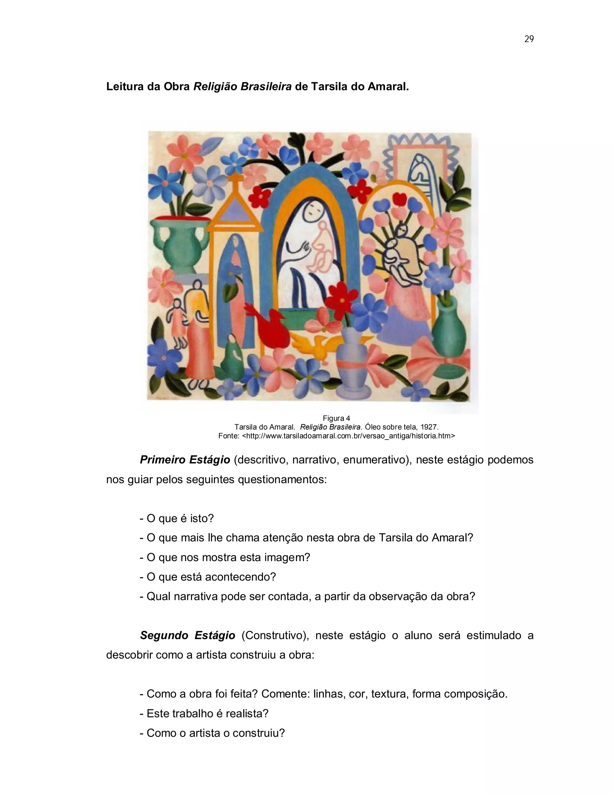 29




Leitura da Obra Religião Brasileira de Tarsila do Amaral.




                                                      Figura 4
                            Tarsila do Amaral. Religião Brasileira. Óleo sobre tela, 1927.
                        Fonte: <http://www.tarsiladoamaral.com.br/versao_antiga/historia.htm>


      Primeiro Estágio (descritivo, narrativo, enumerativo), neste estágio podemos
nos guiar pelos seguintes questionamentos:


      - O que é isto?
      - O que mais lhe chama atenção nesta obra de Tarsila do Amaral?
      - O que nos mostra esta imagem?
      - O que está acontecendo?
      - Qual narrativa pode ser contada, a partir da observação da obra?


      Segundo Estágio (Construtivo), neste estágio o aluno será estimulado a
descobrir como a artista construiu a obra:


      - Como a obra foi feita? Comente: linhas, cor, textura, forma composição.
      - Este trabalho é realista?
      - Como o artista o construiu?
 