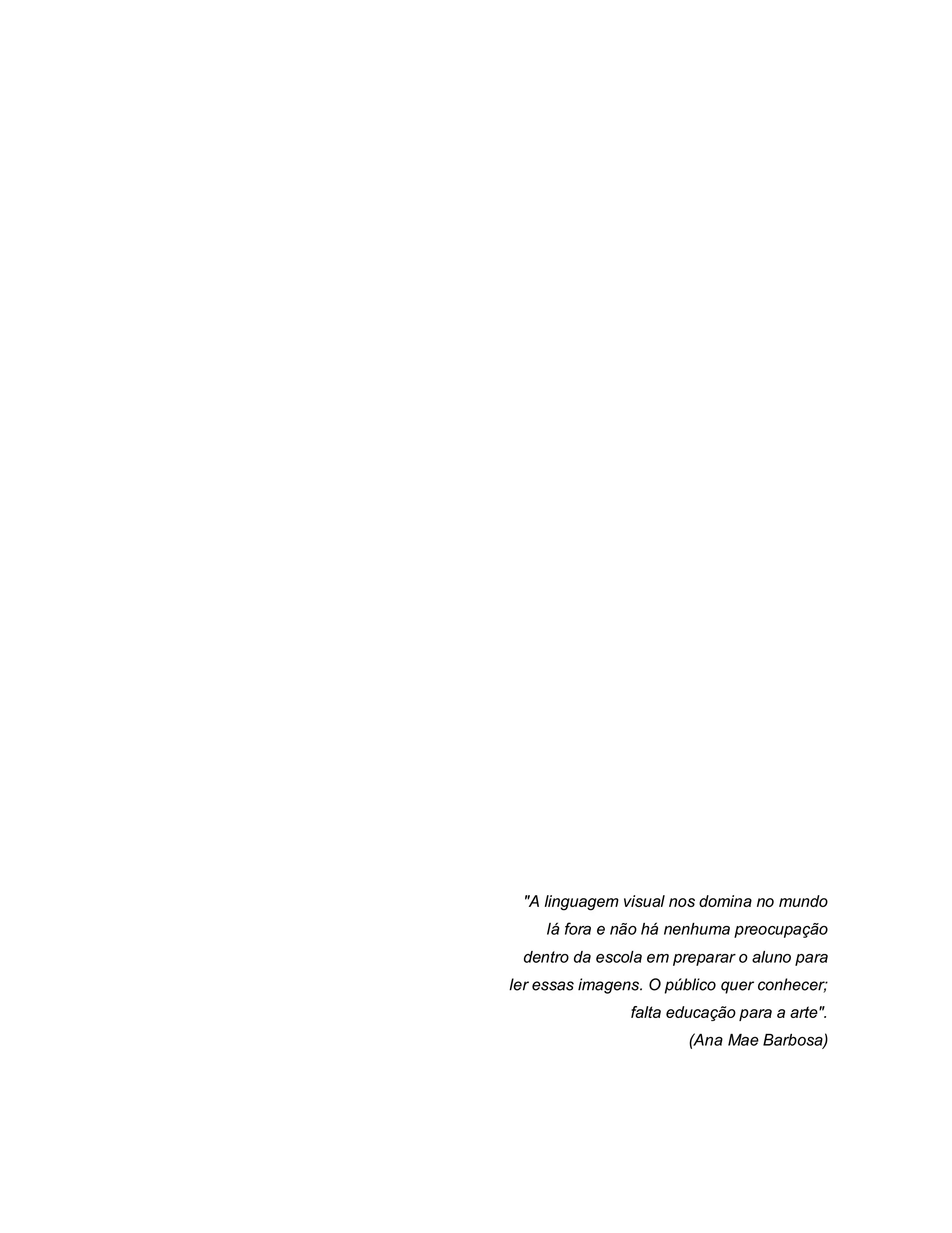 "A linguagem visual nos domina no mundo
     lá fora e não há nenhuma preocupação
 dentro da escola em preparar o aluno para
ler essas imagens. O público quer conhecer;
                falta educação para a arte".
                        (Ana Mae Barbosa)
 