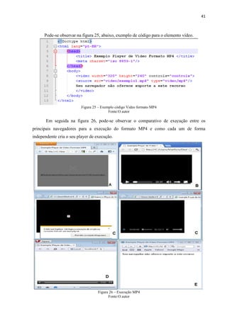 41
Pode-se observar na figura 25, abaixo, exemplo de código para o elemento vídeo.
Figura 25 – Exemplo código Video formato MP4
Fonte:O autor
Em seguida na figura 26, pode-se observar o comparativo de execução entre os
principais navegadores para a execução do formato MP4 e como cada um de forma
independente cria o seu player de execução.
Figura 26 – Execução MP4
Fonte:O autor
 