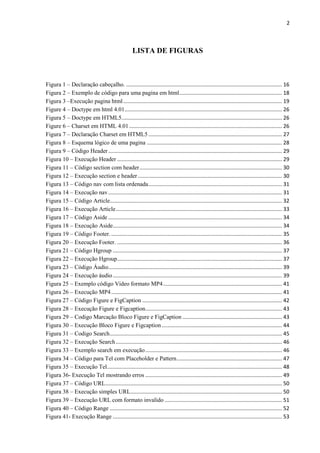 2
LISTA DE FIGURAS
Figura 1 – Declaração cabeçalho. ......................................................................................................... 16
Figura 2 – Exemplo de código para uma pagina em html..................................................................... 18
Figura 3 –Execução pagina html........................................................................................................... 19
Figure 4 – Doctype em html 4.01.......................................................................................................... 26
Figura 5 – Doctype em HTML5............................................................................................................ 26
Figure 6 – Charset em HTML 4.01....................................................................................................... 26
Figura 7 – Declaração Charset em HTML5.......................................................................................... 27
Figura 8 – Esquema lógico de uma pagina ........................................................................................... 28
Figura 9 – Código Header..................................................................................................................... 29
Figura 10 – Execução Header ............................................................................................................... 29
Figura 11 – Código section com header................................................................................................ 30
Figura 12 – Execução section e header ................................................................................................. 30
Figura 13 – Código nav com lista ordenada.......................................................................................... 31
Figura 14 – Execução nav..................................................................................................................... 31
Figura 15 – Código Article.................................................................................................................... 32
Figura 16 – Execução Article................................................................................................................ 33
Figura 17 – Código Aside ..................................................................................................................... 34
Figura 18 – Execução Aside.................................................................................................................. 34
Figura 19 – Código Footer. ................................................................................................................... 35
Figura 20 – Execução Footer. ............................................................................................................... 36
Figura 21 – Código Hgroup .................................................................................................................. 37
Figura 22 – Execução Hgroup............................................................................................................... 37
Figura 23 – Código Áudio..................................................................................................................... 39
Figura 24 – Execução áudio.................................................................................................................. 39
Figura 25 – Exemplo código Video formato MP4................................................................................ 41
Figura 26 – Execução MP4................................................................................................................... 41
Figura 27 – Código Figure e FigCaption .............................................................................................. 42
Figura 28 – Execução Figure e Figcaption............................................................................................ 43
Figura 29 – Codigo Marcação Bloco Figure e FigCaption ................................................................... 43
Figura 30 – Execução Bloco Figure e Figcaption................................................................................. 44
Figura 31 – Codigo Search.................................................................................................................... 45
Figura 32 – Execução Search................................................................................................................ 46
Figura 33 – Exemplo search em execução............................................................................................ 46
Figura 34 – Código para Tel com Placeholder e Pattern....................................................................... 47
Figura 35 – Execução Tel...................................................................................................................... 48
Figura 36- Execução Tel mostrando erros ............................................................................................ 49
Figura 37 – Código URL....................................................................................................................... 50
Figura 38 – Execução simples URL...................................................................................................... 50
Figura 39 – Execução URL com formato invalido ............................................................................... 51
Figura 40 – Código Range .................................................................................................................... 52
Figura 41- Execução Range .................................................................................................................. 53
 