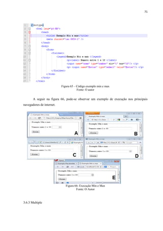 71
Figura 65 – Código exemplo min e max
Fonte: O autor
A seguir na figura 66, pode-se observar um exemplo de execução nos principais
navegadores de internet.
Figura 66- Execução Min e Max
Fonte: O Autor
3.6.3 Multiple
 