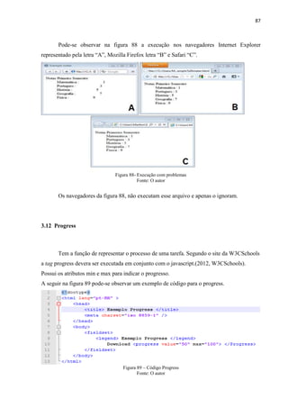 87
Pode-se observar na figura 88 a execução nos navegadores Internet Explorer
representado pela letra “A”, Mozilla Firefox letra “B” e Safari “C”.
Figura 88- Execução com problemas
Fonte: O autor
Os navegadores da figura 88, não executam esse arquivo e apenas o ignoram.
3.12 Progress
Tem a função de representar o processo de uma tarefa. Segundo o site da W3CSchools
a tag progress devera ser executada em conjunto com o javascript.(2012, W3CSchools).
Possui os atributos min e max para indicar o progresso.
A seguir na figura 89 pode-se observar um exemplo de código para o progress.
Figura 89 – Código Progress
Fonte: O autor
 