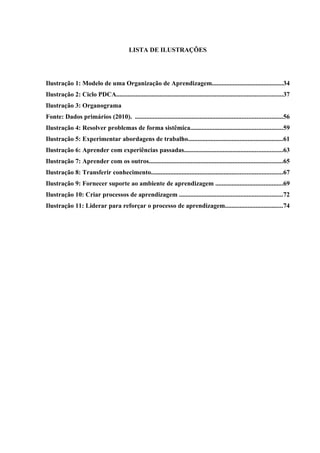 8




                                           LISTA DE ILUSTRAÇÕES




Ilustração 1: Modelo de uma Organização de Aprendizagem............................................34
Ilustração 2: Ciclo PDCA.......................................................................................................37
Ilustração 3: Organograma
Fonte: Dados primários (2010). ...........................................................................................56
Ilustração 4: Resolver problemas de forma sistêmica.........................................................59
Ilustração 5: Experimentar abordagens de trabalho...........................................................61
Ilustração 6: Aprender com experiências passadas.............................................................63
Ilustração 7: Aprender com os outros...................................................................................65
Ilustração 8: Transferir conhecimento.................................................................................67
Ilustração 9: Fornecer suporte ao ambiente de aprendizagem ..........................................69
Ilustração 10: Criar processos de aprendizagem ................................................................72
Ilustração 11: Liderar para reforçar o processo de aprendizagem....................................74
 