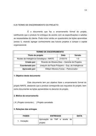 133
6.20 TERMO DE ENCERRAMENTO DO PROJETO
É o documento que faz o encerramento formal do projeto,
certificando que o produto foi entregue de acordo com as especificações e satisfaz
as necessidades do cliente. Pode incluir ainda um questionário de lições aprendidas
(anexo I), visando agregar conhecimento aos futuros projetos e compor o capital
organizacional.
TERMO DE ENCERRAMENTO
Título do projeto Data Versão
Núcleo de Inteligência Estratégica - NINTE 21/03/15 1.0
Criado por: Ricardo de Oliveira Dias – Gerente de Projetos
Coordenado por: Joaquim de Paula Próspero – Sup. de Inteligência
Aprovado por: William Moreira Farias – Patrocinador
1. Objetivo deste documento
Este documento tem por objetivo fazer o encerramento formal do
projeto NINTE, atestando que o produto corresponde aos requisitos do projeto, bem
como documentar as lições apreendidas no decorrer do projeto.
2. Motivo do encerramento
( X ) Projeto concluído ( ) Projeto cancelado
3. Relações das entregas
FASES ENTREGAS DATA
1. Iniciação
Aprovação do TAP e aceite do
projeto
 