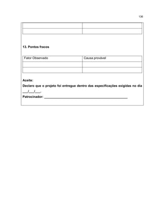 136
13. Pontos fracos
Fator Observado Causa provável
Aceite:
Declaro que o projeto foi entregue dentro das especificações exigidas no dia
___/___/___.
Patrocinador: _______________________________________________
 