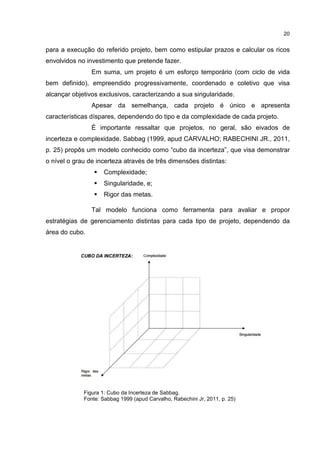 20
para a execução do referido projeto, bem como estipular prazos e calcular os ricos
envolvidos no investimento que pretende fazer.
Em suma, um projeto é um esforço temporário (com ciclo de vida
bem definido), empreendido progressivamente, coordenado e coletivo que visa
alcançar objetivos exclusivos, caracterizando a sua singularidade.
Apesar da semelhança, cada projeto é único e apresenta
características díspares, dependendo do tipo e da complexidade de cada projeto.
É importante ressaltar que projetos, no geral, são eivados de
incerteza e complexidade. Sabbag (1999, apud CARVALHO; RABECHINI JR., 2011,
p. 25) propôs um modelo conhecido como “cubo da incerteza”, que visa demonstrar
o nível o grau de incerteza através de três dimensões distintas:
Complexidade;
Singularidade, e;
Rigor das metas.
Tal modelo funciona como ferramenta para avaliar e propor
estratégias de gerenciamento distintas para cada tipo de projeto, dependendo da
área do cubo.
Figura 1: Cubo da Incerteza de Sabbag.
Fonte: Sabbag 1999 (apud Carvalho, Rabechini Jr, 2011, p. 25)
 