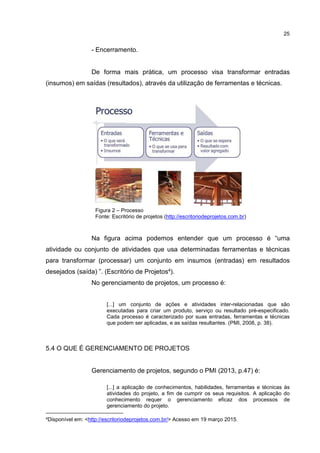 25
- Encerramento.
De forma mais prática, um processo visa transformar entradas
(insumos) em saídas (resultados), através da utilização de ferramentas e técnicas.
Figura 2 – Processo
Fonte: Escritório de projetos (http://escritoriodeprojetos.com.br)
Na figura acima podemos entender que um processo é “uma
atividade ou conjunto de atividades que usa determinadas ferramentas e técnicas
para transformar (processar) um conjunto em insumos (entradas) em resultados
desejados (saída) ”. (Escritório de Projetos4).
No gerenciamento de projetos, um processo é:
[...] um conjunto de ações e atividades inter-relacionadas que são
executadas para criar um produto, serviço ou resultado pré-especificado.
Cada processo é caracterizado por suas entradas, ferramentas e técnicas
que podem ser aplicadas, e as saídas resultantes. (PMI, 2008, p. 38).
5.4 O QUE É GERENCIAMENTO DE PROJETOS
Gerenciamento de projetos, segundo o PMI (2013, p.47) é:
[...] a aplicação de conhecimentos, habilidades, ferramentas e técnicas às
atividades do projeto, a fim de cumprir os seus requisitos. A aplicação do
conhecimento requer o gerenciamento eficaz dos processos de
gerenciamento do projeto.
4Disponível em: <http://escritoriodeprojetos.com.br/> Acesso em 19 março 2015.
 