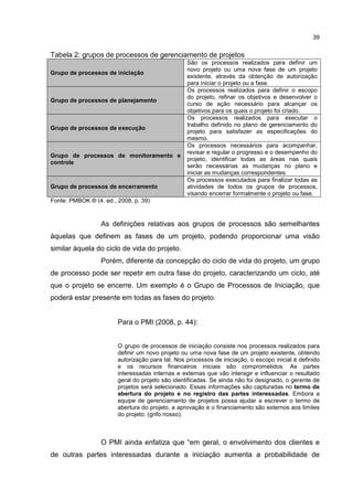 39
Tabela 2: grupos de processos de gerenciamento de projetos
Grupo de processos de iniciação
São os processos realizados para definir um
novo projeto ou uma nova fase de um projeto
existente, através da obtenção de autorização
para iniciar o projeto ou a fase.
Grupo de processos de planejamento
Os processos realizados para definir o escopo
do projeto, refinar os objetivos e desenvolver o
curso de ação necessário para alcançar os
objetivos para os quais o projeto foi criado.
Grupo de processos de execução
Os processos realizados para executar o
trabalho definido no plano de gerenciamento do
projeto para satisfazer as especificações do
mesmo.
Grupo de processos de monitoramento e
controle
Os processos necessários para acompanhar,
revisar e regular o progresso e o desempenho do
projeto, identificar todas as áreas nas quais
serão necessárias as mudanças no plano e
iniciar as mudanças correspondentes.
Grupo de processos de encerramento
Os processos executados para finalizar todas as
atividades de todos os grupos de processos,
visando encerrar formalmente o projeto ou fase.
Fonte: PMBOK ® (4. ed., 2008, p. 39)
As definições relativas aos grupos de processos são semelhantes
àquelas que definem as fases de um projeto, podendo proporcionar uma visão
similar àquela do ciclo de vida do projeto.
Porém, diferente da concepção do ciclo de vida do projeto, um grupo
de processo pode ser repetir em outra fase do projeto, caracterizando um ciclo, até
que o projeto se encerre. Um exemplo é o Grupo de Processos de Iniciação, que
poderá estar presente em todas as fases do projeto.
Para o PMI (2008, p. 44):
O grupo de processos de iniciação consiste nos processos realizados para
definir um novo projeto ou uma nova fase de um projeto existente, obtendo
autorização para tal. Nos processos de iniciação, o escopo inicial é definido
e os recursos financeiros iniciais são comprometidos. As partes
interessadas internas e externas que vão interagir e influenciar o resultado
geral do projeto são identificadas. Se ainda não foi designado, o gerente de
projetos será selecionado. Essas informações são capturadas no termo de
abertura do projeto e no registro das partes interessadas. Embora a
equipe de gerenciamento de projetos possa ajudar a escrever o termo de
abertura do projeto, a aprovação e o financiamento são externos aos limites
do projeto. (grifo nosso).
O PMI ainda enfatiza que “em geral, o envolvimento dos clientes e
de outras partes interessadas durante a iniciação aumenta a probabilidade de
 
