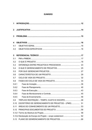 SUMÁRIO
1 INTRODUÇÃO.................................................................................................... 12
2 JUSTIFICATIVA ................................................................................................. 14
3 PROBLEMA ....................................................................................................... 15
4 OBJETIVOS ....................................................................................................... 16
4.1 OBJETIVO GERAL .........................................................................................16
4.2 OBJETIVOS ESPECÍFICOS .......................................................................... 16
5 REFERENCIAL TEÓRICO .................................................................................17
5.1 PMI e PMBOK................................................................................................. 17
5.2 O QUE É PROJETO .......................................................................................18
5.3 DIFERENÇA ENTRE PROJETOS E PROCESSOS .................................... 23
5.4 O QUE É GERENCIAMENTO DE PROJETOS............................................. 25
5.5 POR QUE GERENCIAR PROJETOS............................................................ 27
5.6 CARACTERÍSTICA DE UM PROJETO......................................................... 29
5.7 CICLO DE VIDA DO PROJETO.................................................................... 32
5.8 FASES DO CICLO DE VIDA DO PROJETO................................................. 33
5.8.1 Fase de Iniciação...................................................................................... 36
5.8.2 Fase de Planejamento............................................................................. 40
5.8.3 Fase de Execução.................................................................................... 43
5.8.4 Fase de Monitoramento e Controle.......................................................... 45
5.8.5 Fase de Encerramento............................................................................. 46
5.9 TRÍPLICE RESTRIÇÃO – TEMPO, CUSTO E ESCOPO............................... 48
5.10 ESCRITÓRIO DE GERENCIAMENTO DE PROJETOS – (PMO) ............... 51
5.11 ÁREAS DO CONHECIMENTO DE UM PROJETO........................................ 53
5.12 PRINCIPAIS DOCUMENTOS DO PROJETO ................................................58
5.12.1 Termo de Abertura do Projeto....................................................................... 58
5.12.2 Declaração de Escopo do Projeto – scope estatement................................. 62
5.13 PLANO DE GENRENCIAMENTO DE PROJETOS.........................................66
 
