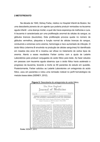 23




2 METOTREXATO


      Na década de 1940, Sidney Farbe, médico no Hospital Infantil de Boston, fez
uma descoberta pioneira de um agente que poderia produzir remissões na leucemia
aguda infantil - uma doença mortal, a qual não havia esperança de melhorias e cura.
A leucemia é caracterizada por uma proliferação anormal de células do sangue, os
glóbulos brancos (leucócitos). Esta proliferação provoca queda no número de
glóbulos vermelhos, plaquetas e função normal de células brancas do sangue,
conduzindo a sintomas como anemia, hemorragia e risco aumentado de infecção. O
ácido fólico (vitamina B envolvida na produção de células sanguínea) foi identificado
em meados dos anos 40 e mostrou ser eficaz no tratamento de certos tipos de
anemia. Atento a esses resultados Farber contou com a ajuda de Lederle
Laboratórios para produzir conjugados do acido fólico para teste. Ao fazer estudos
em pessoas com leucemia aguda observou que o ácido fólico havia acelerado o
progresso da leucemia, levando a morte os 90 pacientes do estudo em questão.
Posteriormente, Farber solicitou ao Lederle Laboratories um antagonista do acido
fólico, usou em pacientes e notou uma remissão notável no perfil hematológico da
medula óssea deles (SIDNEY, 2012).


                   Figura 2: Descoberta do antagonista do acido fólico.




      Fonte: SIDNEY, 2012.
 