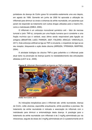 28




portadores da doença de Crohn grave foi concedida exatamente uma ano depois,
em agosto de 1999. Somente em junho de 2000 foi aprovada a utilização do
infliximab para diminuir os sinais e sintomas da artrite reumatoide, em pacientes que
param de responder ao tratamento com outras drogas utilizadas para o mesmo fim,
como o metrotexato (EMEA, 2000).
         O infliximab é um anticorpo monoclonal quimérico anti - fator de necrose
tumoral α (anti- TNF-α), composto por uma fração humana que é constante e uma
fração murínica que é variável, essa última sendo responsável pela ligação ao
antígeno (BRUNTON; LAZO; PARKER, 2007; FALEIRO; ARAÚJO; VARAVALLO,
2011). Este anticorpo artificial se liga ao TNF-α circulante, o impedindo de ligar-se ao
seu receptor, bloqueando a ação desta citocina (ARRUDA; YPIRANGA; MARTINS,
2004).
         A atividade biológica da citocina TNF-α gera poliartrite e o infliximab pode
atuar tanto na prevenção da doença quanto no reestabelecimento das articulações
afetadas (LACY et al., 2009).


         Figura 5: Infliximab (Remicade®) se ligando ao TNF-α circulante.
         e




         Fonte: Remicade®, 2012.


         As indicações terapêuticas para o infliximab são: artrite reumatoide, doença
de Crohn, colite ulcerosa, espondilite anquilosante, artrite psoriática e psoríase. No
tratamento da artrite reumatoide é indicada a associação do infliximab com o
metrotexato para diminuir a sintomatologia desta doença. A posologia para o
tratamento da artrite reumatoide com infliximab é de 3 mg/Kg administrado por via
intravenosa, seguido de doses de 3 mg/Kg administrada em 2 e posteriormente em 6
 