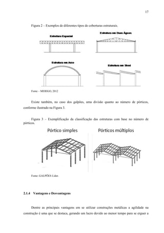 17
Figura 2 – Exemplos de diferentes tipos de coberturas estruturais.
Fonte – MERIGO, 2012
Existe também, no caso dos galpões, uma divisão quanto ao número de pórticos,
conforme ilustrado na Figura 3.
Figura 3 – Exemplificação da classificação das estruturas com base no número de
pórticos.
Fonte: GALPÕES Líder.
2.1.4 Vantagens e Desvantagens
Dentre as principais vantagens em se utilizar construções metálicas a agilidade na
construção é uma que se destaca, gerando um lucro devido ao menor tempo para se erguer a
 