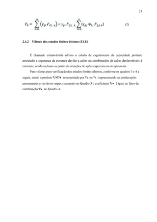 25
(2)
2.4.2 Método dos estados limites últimos (ELU)
É chamado estado-limite último o estado de esgotamento da capacidade portante
associado a segurança da estrutura devido a ações ou combinações de ações desfavoráveis à
estrutura, sendo inclusas as possíveis atuações de ações especiais ou excepcionais.
Para valores para verificação dos estados-limites últimos, conforme os quadros 3 e 4 a
seguir, sendo o produto representado por ou (representando as ponderações
permanentes e variáveis respectivamente) no Quadro 3 o coeficiente é igual ao fator de
combinação no Quadro 4.
 