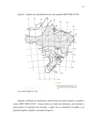 31
Figura 8 – Isopletas da velocidade básica de vento segundo ABNT NBR 6123/88
Fonte: ABNT NBR 6123, 1988.
Segundo a utilização do Visualventos, desenvolvido com intuito educativo e segundo a
norma ABNT NBR 6123/88 – Forças devido aos ventos em edificações, será mostrado o
passo-a-passo do programa será mostrado a seguir com as dimensões do galpão a ser
projetado segundo o Quadro 6, mostrado na Figura 9.
 