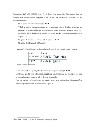 33
Segundo a ABNT NBR 6123/88 item 5.2, é definido Fator topográfico S1 como um fator que
depende das características topográficas do terreno da construção, podendo ele ser
classificado como:
 Plano ou fracamente acidentado ( )
 Talude e morros (para este, devem ser preenchidos valores de altura relativa a um
ponto do terreno (z), diferença de nível entre a base e o topo do talude ou morro (d) e
inclinação média do talude ou encosta do morro (θ) (S1 vide ilustração mostrada na
Figura 11)1
No ponto A (morros) e pontos A e C (talude):
No ponto B: S1 segundo o Quadro 7:
Quadro 7 –Equações para o cálculo do coeficiente S1 em caso de talude e morros.
Fonte: Elaborado pela autora.
 Valores profundos protegidos de ventos de qualquer direção ( ).
Lembrando que deve ser selecionada a opção de projeto baseada nas condições que mais
se assemelham com o tipo de relevo da obra em questão.
Para este estudo, foi considerado um terreno plano, sem muitos desníveis topográficos
conforme preenchimento representado na Figura 11.
1
Entre A e B e entre B e C, o fator S1 é obtido por interpolação linear.
 