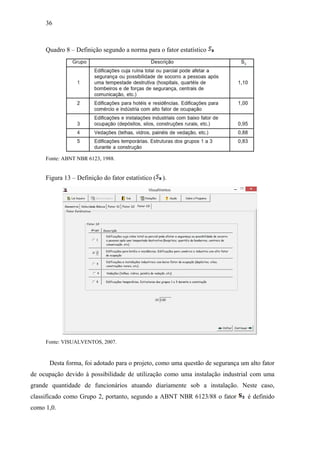 36
Quadro 8 – Definição segundo a norma para o fator estatístico
Fonte: ABNT NBR 6123, 1988.
Figura 13 – Definição do fator estatístico ( ).
Fonte: VISUALVENTOS, 2007.
Desta forma, foi adotado para o projeto, como uma questão de segurança um alto fator
de ocupação devido à possibilidade de utilização como uma instalação industrial com uma
grande quantidade de funcionários atuando diariamente sob a instalação. Neste caso,
classificado como Grupo 2, portanto, segundo a ABNT NBR 6123/88 o fator é definido
como 1,0.
 