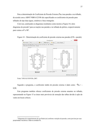 37
Para a determinação do Coeficiente de Pressão Externa ( ) nas paredes e no telhado,
de acordo com a ABNT NBR 6123/88 são especificados os coeficientes de pressão para
telhados do tipo duas águas, simétrico e base retangular.
Com isso, analisando os diagramas resultantes como mostra a Figura 14 e dois
diagramas de pressão2
para as reações nas paredes e no telhado do pórtico, respectivamente
para ventos a 0º e 90º.
Figura 14 – Determinação do coeficiente de pressão externa nas paredes (CPe - parede).
Fonte: VISUALVENTOS, 2007.
Segundo o programa, o coeficiente médio de pressão externa é dado como: = -
0,90.
Este programa também oferece coeficientes de pressão externa atuantes no telhado,
representando na Figura 15 as áreas mais prováveis de remoção das telhas devido à ação do
vento em locais críticos.
2
Diagramas de comportamento de um fluido (ar) conforme variações de pressão, como previsto por suas
propriedades mecânicas. Dado na unidade Pa.
 