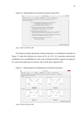 39
Figura 16 - Determinação do coeficiente de pressão interna ( ).
Fonte: VISUALVENTOS, 2007.
O resultado da análise gerada pelo software representa as 4 combinações mostradas na
Figura 17, sendo elas referentes aos valores de de +0,2 e -0,3, mostrados anteriormente
combinados com a possibilidade do vento estar na direção do pórtico segundo um ângulo de
0° e outras duas opções para os mesmos valores de para o ângulo de 90°.
Figura 17 - Demonstração da combinação dos coeficientes de pressão
Fonte: VISUALVENTOS, 2007.
 