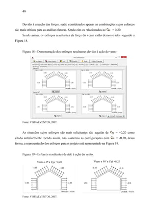 40
Devido à atuação das forças, serão considerados apenas as combinações cujos esforços
são mais críticos para as análises futuras. Sendo eles os relacionados ao = 0,20.
Sendo assim, os esforços resultantes da força do vento estão demonstrados segundo a
Figura 18.
Figura 18 - Demonstração dos esforços resultantes devido à ação do vento
Fonte: VISUALVENTOS, 2007.
As situações cujos esforços são mais solicitantes são aquelas de = +0,20 como
citado anteriormente. Sendo assim, não usaremos as configurações com = -0,30, dessa
forma, a representação dos esforços para o projeto está representado na Figura 19.
Figura 19 - Esforços resultantes devido à ação do vento.
Fonte: VISUALVENTOS, 2007.
 