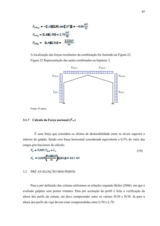 45
A localização das forças resultantes da combinação foi ilustrado na Figura 22.
Figura 22 Representação das ações combinadas na hipótese 3.
Fonte: O autor.
3.1.7 Cálculo da Força nocional ( )
É uma força que considera os efeitos de deslocabilidade entre os níveis superior e
inferior do galpão. Sendo esta força horizontal considerada equivalente a 0,3% do valor das
cargas gravitacionais de cálculo.
(10)
3.2 PRÉ AVALIAÇÃO DOS PERFIS
Para a pré definição das colunas utilizamos as relações segundo Bellei (2006), em que é
avaliado galpões sem pontes rolantes. Para pré aceitação do perfil é feita a verificação da
altura dos perfis da coluna, ela deve compreender entre os valores H/20 e H/30. Já para a
altura dos perfis da viga devem estar compreendidas entre L/50 e L/70.
 