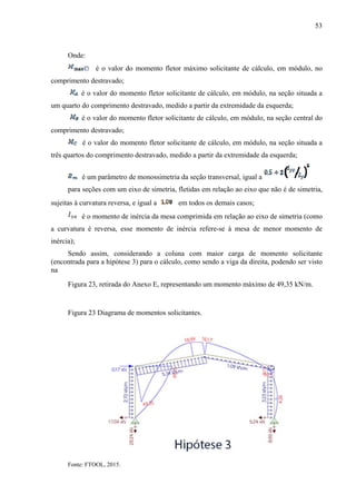 53
Onde:
é o valor do momento fletor máximo solicitante de cálculo, em módulo, no
comprimento destravado;
é o valor do momento fletor solicitante de cálculo, em módulo, na seção situada a
um quarto do comprimento destravado, medido a partir da extremidade da esquerda;
é o valor do momento fletor solicitante de cálculo, em módulo, na seção central do
comprimento destravado;
é o valor do momento fletor solicitante de cálculo, em módulo, na seção situada a
três quartos do comprimento destravado, medido a partir da extremidade da esquerda;
é um parâmetro de monossimetria da seção transversal, igual a
para seções com um eixo de simetria, fletidas em relação ao eixo que não é de simetria,
sujeitas à curvatura reversa, e igual a em todos os demais casos;
é o momento de inércia da mesa comprimida em relação ao eixo de simetria (como
a curvatura é reversa, esse momento de inércia refere-se à mesa de menor momento de
inércia);
Sendo assim, considerando a coluna com maior carga de momento solicitante
(encontrada para a hipótese 3) para o cálculo, como sendo a viga da direita, podendo ser visto
na
Figura 23, retirada do Anexo E, representando um momento máximo de 49,35 kN/m.
Figura 23 Diagrama de momentos solicitantes.
Fonte: FTOOL, 2015.
 