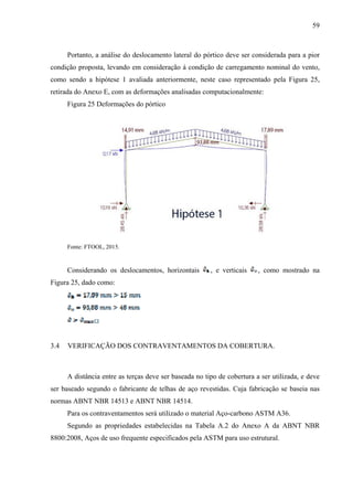 59
Portanto, a análise do deslocamento lateral do pórtico deve ser considerada para a pior
condição proposta, levando em consideração à condição de carregamento nominal do vento,
como sendo a hipótese 1 avaliada anteriormente, neste caso representado pela Figura 25,
retirada do Anexo E, com as deformações analisadas computacionalmente:
Figura 25 Deformações do pórtico
Fonte: FTOOL, 2015.
Considerando os deslocamentos, horizontais , e verticais , como mostrado na
Figura 25, dado como:
3.4 VERIFICAÇÃO DOS CONTRAVENTAMENTOS DA COBERTURA.
A distância entre as terças deve ser baseada no tipo de cobertura a ser utilizada, e deve
ser baseado segundo o fabricante de telhas de aço revestidas. Cuja fabricação se baseia nas
normas ABNT NBR 14513 e ABNT NBR 14514.
Para os contraventamentos será utilizado o material Aço-carbono ASTM A36.
Segundo as propriedades estabelecidas na Tabela A.2 do Anexo A da ABNT NBR
8800:2008, Aços de uso frequente especificados pela ASTM para uso estrutural.
 