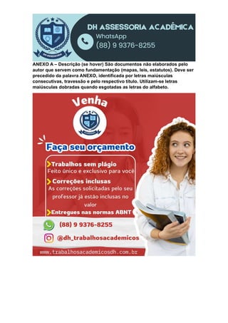 ANEXO A – Descrição (se hover) São documentos não elaborados pelo
autor que servem como fundamentação (mapas, leis, estatutos). Deve ser
precedido da palavra ANEXO, identificada por letras maiúsculas
consecutivas, travessão e pelo respectivo título. Utilizam-se letras
maiúsculas dobradas quando esgotadas as letras do alfabeto.
 