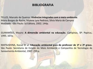 BIBLIOGRAFIA


TELLES, Marcelo de Queiroz: Vivências integradas com o meio ambiente.
Mário Borges da Rocha, Mylene Lyra Pedroso, Silvia Maria de Campos
Machado. -São Paulo: Sá Editora, 2002. 144p.


GUIMARÃES, Mauro: A dimensão ambiental na educação. Campinas, SP: Papirus,
1995. 107p.


MATSUSHINA, Kazue Et al: Educação ambiental guia do professor de 1º e 2º graus.
São Paulo: Secretaria de Estado do Meio Ambiente e Companhia de Tecnologia de
Saneamento Ambiental, 1987. 299 p.
 