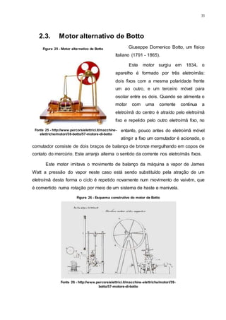 33
2.3. Motor alternativo de Botto
Giuseppe Domenico Botto, um físico
Italiano (1791 - 1865).
Este motor surgiu em 1834, o
aparelho é formado por três eletroímãs:
dois fixos com a mesma polaridade frente
um ao outro, e um terceiro móvel para
oscilar entre os dois. Quando se alimenta o
motor com uma corrente continua a
eletroímã do centro é atraído pelo eletroímã
fixo e repelido pelo outro eletroímã fixo, no
entanto, pouco antes do eletroímã móvel
atingir a fixo um comutador é acionado, o
comutador consiste de dois braços de balanço de bronze mergulhando em copos de
contato do mercúrio. Este arranjo alterna o sentido da corrente nos eletroímãs fixos.
Este motor imitava o movimento de balanço da máquina a vapor de James
Watt a pressão do vapor neste caso está sendo substituído pela atração de um
eletroímã desta forma o ciclo é repetido novamente num movimento de vaivém, que
é convertido numa rotação por meio de um sistema de haste e manivela.
Figura 25 - Motor alternativo de Botto
Fonte 25 - http://www.percorsielettrici.it/macchine-
elettriche/motori/39-botto/57-motore-di-botto
Figura 26 - Esquema construtivo do motor de Botto
Fonte 26 - http://www.percorsielettrici.it/macchine-elettriche/motori/39-
botto/57-motore-di-botto
 