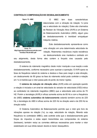80
CONTROLE E COMPENSAÇÃO DE DESBALANCEAMENTO
O MBC tem duas características
relacionadas com a vibração de rotação 1x (uma
vez a velocidade de rotação). Estes são chamados
de Redutor de Vibração Ativo (AVR) e um Sistema
de Balanceamento Automático (ABS), algum grau
de desbalanceamento é inevitável emqualquer
máquina rotativa.
Este desbalanceamento apresenta-se como
uma vibração em uma determinada velocidade de
rotação. Rolamentos mecânicos impõe resistência
ao deslocamentodo eixo mantedo-o centrado em
seu alojamento, desta forma eles contem a forçado eixo causada pelo
desbalanceamento.
O sistema de rolamento magnético deste motor manipula a sua reação a este
desbalanceamento, conforme necessário para suavizar a operação. O AVR opera na
faixa de frequência natural do sistema e desloca a fase para reagir a esta vibração,
um deslocamento de 90 graus na fase do rolamento radial pode controlar a rotação
em 1x à medida que o rotor passa pelo do ponto de menor rigidez.
O sistema de redução de vibração ativa (AVR) entra em operação quando
a rotação é iniciada e um sinal de velocidade do variador de velocidade (VSD) indica
ao controlador do rolamento magnético (MBC) que a velocidade esta acima de 70
HZ. Porém a tecnologia (AVR) é eficaz somente acima de 80 Hz e com a frequência
de (ABS) sistema automático de balanceamento estando também acima de 225
Hz, a tecnologia do ABS é eficaz acima de 225 Hz na direção axial e de 255 Hz na
direção radial.
O Sistema Automático de Balanceamento permite que o rotor gire livre de
vibrações apenas na rotação (1x), ou seja, velocidade de rotação, filtrando esta
frequência no controlador (MBC), este controle evita que o desbalanceamento gere
forças de impactos e estas sejam transmitidas aos componentes do sistema
(hardware), também reduz as correntes elétricas necessárias para manter o rotor
estabilizado em sua órbita natural devido à menor desequilíbrio.
Figura 75 - MBC
Fonte 75 -
http://cgproducts.johnsoncontrols.com/
YorkDoc/160.84-EG1.pdf
 