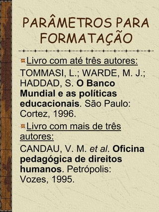 PARÂMETROS PARA
  FORMATAÇÃO
 Livro com até três autores:
TOMMASI, L.; WARDE, M. J.;
HADDAD, S. O Banco
Mundial e as políticas
educacionais. São Paulo:
Cortez, 1996.
 Livro com mais de três
autores:
CANDAU, V. M. et al. Oficina
pedagógica de direitos
humanos. Petrópolis:
Vozes, 1995.
 