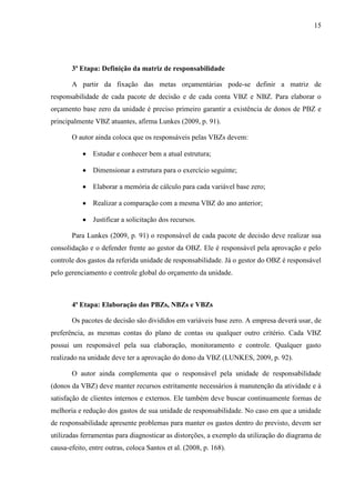 15
3ª Etapa: Definição da matriz de responsabilidade
A partir da fixação das metas orçamentárias pode-se definir a matriz de
responsabilidade de cada pacote de decisão e de cada conta VBZ e NBZ. Para elaborar o
orçamento base zero da unidade é preciso primeiro garantir a existência de donos de PBZ e
principalmente VBZ atuantes, afirma Lunkes (2009, p. 91).
O autor ainda coloca que os responsáveis pelas VBZs devem:
Estudar e conhecer bem a atual estrutura;
Dimensionar a estrutura para o exercício seguinte;
Elaborar a memória de cálculo para cada variável base zero;
Realizar a comparação com a mesma VBZ do ano anterior;
Justificar a solicitação dos recursos.
Para Lunkes (2009, p. 91) o responsável de cada pacote de decisão deve realizar sua
consolidação e o defender frente ao gestor da OBZ. Ele é responsável pela aprovação e pelo
controle dos gastos da referida unidade de responsabilidade. Já o gestor do OBZ é responsável
pelo gerenciamento e controle global do orçamento da unidade.
4ª Etapa: Elaboração das PBZs, NBZs e VBZs
Os pacotes de decisão são divididos em variáveis base zero. A empresa deverá usar, de
preferência, as mesmas contas do plano de contas ou qualquer outro critério. Cada VBZ
possui um responsável pela sua elaboração, monitoramento e controle. Qualquer gasto
realizado na unidade deve ter a aprovação do dono da VBZ (LUNKES, 2009, p. 92).
O autor ainda complementa que o responsável pela unidade de responsabilidade
(donos da VBZ) deve manter recursos estritamente necessários à manutenção da atividade e à
satisfação de clientes internos e externos. Ele também deve buscar continuamente formas de
melhoria e redução dos gastos de sua unidade de responsabilidade. No caso em que a unidade
de responsabilidade apresente problemas para manter os gastos dentro do previsto, devem ser
utilizadas ferramentas para diagnosticar as distorções, a exemplo da utilização do diagrama de
causa-efeito, entre outras, coloca Santos et al. (2008, p. 168).
 