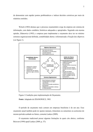 7
de demonstrar com rapidez pontos problemáticos e indicar decisões corretivas por meio de
relatórios emitidos.
Welsch (1983) destaca que o processo orçamentário exige da empresa um sistema de
informação, com dados contábeis, históricos adequados e apropriados. Seguindo esta mesma
opinião, Zdanowicz (1983), a empresa para implementar o orçamento deve ter no mínimo
estrutura organizacional definida, contabilidade aberta e informatizada e fixação dos objetivos
(ver figura 1).
Figura 1 Condições para implementação do Orçamento.
Fonte: Adaptado de ZDANOWICZ, 1983.
O período de orçamento mais comum em empresas brasileiras é de um ano. Esse
orçamento anual também pode ter ajustes mensais, trimestrais ou semestrais ou acréscimo do
mesmo período acabado no futuro, comenta Lunkes (2009).
O orçamento tradicional possui algumas limitações às quais cito abaixo, conforme
Boisvert (1999) apud Lunkes (2009, p. 37):
 