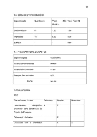 13

4.3. SERVIÇOS TERCEIRIZADOS
Especificação

Quantidade

Valor

(R$) Valor Total R$

Unitário
Encadernação

01

1.50

1.50

Impressão

16

0,50

8,00

Subtotal

-

-

9,50

4.4. PREVISÃO TOTAL DE GASTOS
Especificações

Subtotal R$

Materiais Permanentes

900,00

Materiais de Consumo

51,50

Serviços Terceirizados

9,50

TOTAL

961,00

5 CRONOGRAMA
2013
Etapas/meses do ano
Levantamento

Setembro

bibliográfico X

Outubro

Novembro

X

preliminar para construção do
Projeto de Pesquisa
Fichamento de textos

X

Discussão com o orientador;

X

X

 