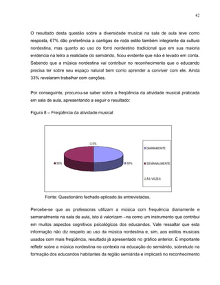42



O resultado desta questão sobre a diversidade musical na sala de aula teve como
resposta, 67% dão preferência a cantigas de roda estilo também integrante da cultura
nordestina, mas quanto ao uso do forró nordestino tradicional que em sua maioria
evidencia na letra a realidade do semiárido, ficou evidente que não é levado em conta.
Sabendo que a música nordestina vai contribuir no reconhecimento que o educando
precisa ter sobre seu espaço natural bem como aprender a conviver com ele. Ainda
33% revelaram trabalhar com canções.


Por conseguinte, procurou-se saber sobre a freqüência da atividade musical praticada
em sala de aula, apresentando a seguir o resultado:

Figura 8 – Freqüência da atividade musical




                               0%
                                                           DIARIAMENTE




             50%                                 50%       SEMANALMENTE




                                                           ÀS VEZES




       Fonte: Questionário fechado aplicado às entrevistadas.

Percebe-se que as professoras utilizam a música com frequência diariamente e
semanalmente na sala de aula, isto é valorizam –na como um instrumento que contribui
em muitos aspectos cognitivos psicológicos dos educandos. Vale ressaltar que esta
informação não diz respeito ao uso da música nordestina e, sim, aos estilos musicais
usados com mais freqüência, resultado já apresentado no gráfico anterior. É importante
refletir sobre a música nordestina no contexto na educação do semiárido, sobretudo na
formação dos educandos habitantes da região semiárida e implicará no reconhecimento
 