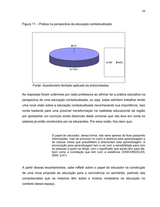 44



Figura 11 – Prática na perspectiva da educação contextualizada




                                    0%




                                                              SIM     NÃO


                                   100%




       Fonte: Questionário fechado aplicado às entrevistadas.

As respostas foram unânimes por cada professora ao afirmar ter a prática educativa na
perspectiva de uma educação contextualizada, ou seja, todas admitem trabalhar tendo
uma nova visão sobre a educação contextualizada reconhecendo sua importância. Isso
conta bastante para uma possível transformação na realidade educacional da região
por apresentar um currículo ainda distorcido deste universo que não leva em conta os
saberes já então construídos por os educandos. Por essa razão, fica claro que:



                    O papel do educador, dessa forma, não seria apenas de ficar passando
                    informações, mas de provocar no outro a abertura para aprendizagem e
                    de colocar meios que possibilitem e direcionem esta aprendizagem. A
                    provocação para aprendizagem tem a ver com a sensibilidade para com
                    as pessoas a quem se dirige, com o significado que aquilo tem para ele,
                    bem como a correlação que tem com a existência (VASCONCELOS,
                    2000, p.61).



A partir desses levantamentos, cabe refletir sobre o papel do educador na construção
de uma nova proposta de educação para a convivência no semiárido, partindo das
compreensões que os mesmos têm sobre a música nordestina na educação no
contexto desse espaço.
 