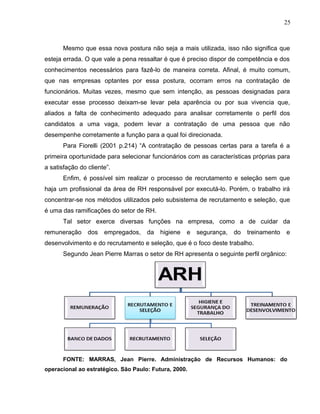 25
Mesmo que essa nova postura não seja a mais utilizada, isso não significa que
esteja errada. O que vale a pena ressaltar é que é preciso dispor de competência e dos
conhecimentos necessários para fazê-lo de maneira correta. Afinal, é muito comum,
que nas empresas optantes por essa postura, ocorram erros na contratação de
funcionários. Muitas vezes, mesmo que sem intenção, as pessoas designadas para
executar esse processo deixam-se levar pela aparência ou por sua vivencia que,
aliados a falta de conhecimento adequado para analisar corretamente o perfil dos
candidatos a uma vaga, podem levar a contratação de uma pessoa que não
desempenhe corretamente a função para a qual foi direcionada.
Para Fiorelli (2001 p.214) “A contratação de pessoas certas para a tarefa é a
primeira oportunidade para selecionar funcionários com as características próprias para
a satisfação do cliente”.
Enfim, é possível sim realizar o processo de recrutamento e seleção sem que
haja um profissional da área de RH responsável por executá-lo. Porém, o trabalho irá
concentrar-se nos métodos utilizados pelo subsistema de recrutamento e seleção, que
é uma das ramificações do setor de RH.
Tal setor exerce diversas funções na empresa, como a de cuidar da
remuneração dos empregados, da higiene e segurança, do treinamento e
desenvolvimento e do recrutamento e seleção, que é o foco deste trabalho.
Segundo Jean Pierre Marras o setor de RH apresenta o seguinte perfil orgânico:
FONTE: MARRAS, Jean Pierre. Administração de Recursos Humanos: do
operacional ao estratégico. São Paulo: Futura, 2000.
 