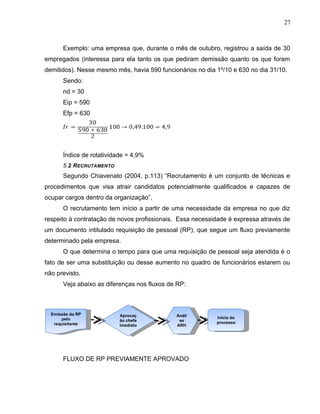 Emissão da RP
pelo
requisitante
Emissão da RP
pelo
requisitante
27
Exemplo: uma empresa que, durante o mês de outubro, registrou a saída de 30
empregados (interessa para ela tanto os que pediram demissão quanto os que foram
demitidos). Nesse mesmo mês, havia 590 funcionários no dia 1º/10 e 630 no dia 31/10.
Sendo:
nd = 30
Eip = 590
Efp = 630
Índice de rotatividade = 4,9%
5.2 RECRUTAMENTO
Segundo Chiavenato (2004, p.113) “Recrutamento é um conjunto de técnicas e
procedimentos que visa atrair candidatos potencialmente qualificados e capazes de
ocupar cargos dentro da organização”.
O recrutamento tem início a partir de uma necessidade da empresa no que diz
respeito à contratação de novos profissionais. Essa necessidade é expressa através de
um documento intitulado requisição de pessoal (RP), que segue um fluxo previamente
determinado pela empresa.
O que determina o tempo para que uma requisição de pessoal seja atendida é o
fato de ser uma substituição ou desse aumento no quadro de funcionários estarem ou
não previsto.
Veja abaixo as diferenças nos fluxos de RP:
FLUXO DE RP PREVIAMENTE APROVADO
Aprovaç
ão chefe
imediato
Aprovaç
ão chefe
imediato
Análi
se
ARH
Análi
se
ARH
Início do
processo
Início do
processo
 