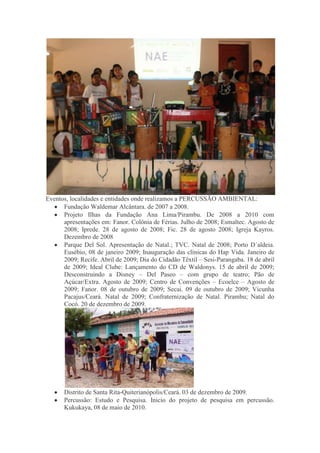 Eventos, localidades e entidades onde realizamos a PERCUSSÃO AMBIENTAL:
Fundação Waldemar Alcântara. de 2007 a 2008.
Projeto Ilhas da Fundação Ana Lima/Pirambu. De 2008 a 2010 com
apresentações em: Fanor. Colônia de Férias. Julho de 2008; Esmaltec. Agosto de
2008; Iprede. 28 de agosto de 2008; Fic. 28 de agosto 2008; Igreja Kayros.
Dezembro de 2008
Parque Del Sol. Apresentação de Natal.; TVC. Natal de 2008; Porto D´aldeia.
Eusébio, 08 de janeiro 2009; Inauguração das clínicas do Hap Vida. Janeiro de
2009; Recife. Abril de 2009; Dia do Cidadão Têxtil – Sesi-Parangaba. 18 de abril
de 2009; Ideal Clube: Lançamento do CD de Waldonys. 15 de abril de 2009;
Desconstruindo a Disney – Del Paseo – com grupo de teatro; Pão de
Açúcar/Extra. Agosto de 2009; Centro de Convenções – Ecoelce – Agosto de
2009; Fanor. 08 de outubro de 2009; Secai. 09 de outubro de 2009; Vicunha
Pacajus/Ceará. Natal de 2009; Confraternização de Natal. Pirambu; Natal do
Cocó. 20 de dezembro de 2009.
Distrito de Santa Rita-Quiterianópolis/Ceará. 03 de dezembro de 2009.
Percussão: Estudo e Pesquisa. Inicio do projeto de pesquisa em percussão.
Kukukaya, 08 de maio de 2010.
 