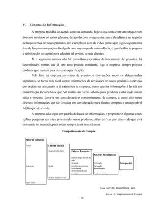 10 – Sistema de Informação
A empresa trabalha de acordo com sua demanda, hoje a loja conta com um estoque com
diversos produtos de vários gêneros, de acordo com o segmento a um calendário a ser seguido
de lançamentos de novos produtos, um exemplo na área de vídeo games que jogos seguem uma
data de lançamento que já e divulgada com um tempo de antecedência, o que facilita na preparo
e viabilização de capital para adquirir tal produto a seus clientes.
Já o segmento animes não há calendário especifico de lançamento de produtos, há
determinados nomes que já tem uma procura constante, logo a empresa sempre procura
produtos que tenham essa marca e especificação.
Pelo fato da empresa participar de eventos e convenções sobre os determinados
segmentos, se torna mais fácil captar informações de novidades de novos produtos e serviços
que podem ser adequados a já existentes na empresa, nesse quesito informações é levada em
consideração fornecedores que por muitas das vezes sabem quais produtos estão tendo maior
saída e procura. Leva-se em consideração o comportamento de compra, a partir dele surge
diversas informações que são levadas em consideração para futuras compras e uma possível
fidelização do cliente.
A empresa não segue um padrão de busca de informações, o proprietário algumas vezes
realiza pesquisas em sites procurando novos produtos, além de ficar por dentro do que está
ocorrendo no mercado, para poder sempre atrair seus clientes.

Anexo 16 Comportamento de Compra

30

 