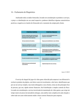 16 – Fechamento do Diagnóstico
Analisando todos os dados fornecidos, levando em consideração os produtos e serviços,
o preço e a distribuição em seu canal respectivo, podemos identificar algumas características
positivas e negativas no tramito do fornecedor até o momento da compra pelo cliente.

Anexo 21 SWOT

O serviço de aluguel de jogos de vídeo game oferecido pela empresa é um diferencial e
exclusivo produto da própria, com baixo custo de investimento e alto lucro, identificamos que
por ser um serviço simples, mas muito abrangente a seus clientes, torna um dos principais foco
de procura, que une, rápido retorno financeiro, fácil distribuição e simples controle de fluxo.
Levando em consideração o serviço terceirizado de manutenção de vídeo games, que exige um
tempo maior em posse da mercadoria entregue, uma análise mais complexa de cada situação e
sobre tudo um custo relativamente médio e baixo retorno financeiro para empresa.
45

 