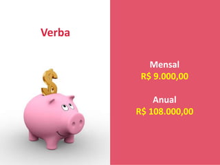 Mensal
R$ 9.000,00
Anual
R$ 108.000,00
Verba
 