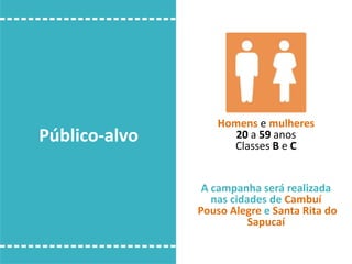 Público-alvo
Homens e mulheres
20 a 59 anos
Classes B e C
A campanha será realizada
nas cidades de Cambuí
Pouso Alegre e Santa Rita do
Sapucaí
 