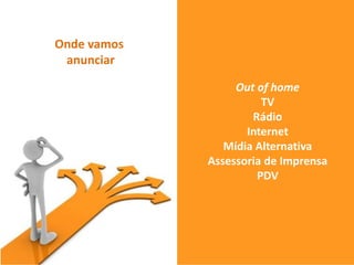 Out of home
TV
Rádio
Internet
Mídia Alternativa
Assessoria de Imprensa
PDV
Onde vamos
anunciar
 