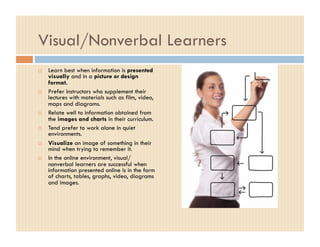 Visual/Nonverbal Learners
    Learn best when information is presented
     visually and in a picture or design
     format.
    Prefer instructors who supplement their
     lectures with materials such as film, video,
     maps and diagrams.
    Relate well to information obtained from
     the images and charts in their curriculum.
    Tend prefer to work alone in quiet
     environments.
    Visualize an image of something in their
     mind when trying to remember it.
    In the online environment, visual/
     nonverbal learners are successful when
     information presented online is in the form
     of charts, tables, graphs, video, diagrams
     and images.
 