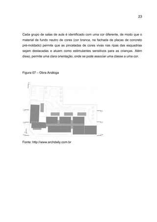 23

Cada grupo de salas de aula é identificado com uma cor diferente, de modo que o
material de fundo neutro de cores (cor branca, na fachada de placas de concreto
pré-moldado) permite que as pinceladas de cores vivas nas ripas das esquadrias
sejam destacadas e atuem como estimulantes sensitivos para as crianças. Além
disso, permite uma clara orientação, onde se pode associar uma classe a uma cor.

Figura 07 – Obra Análoga

Fonte: http://www.archdaily.com.br

 